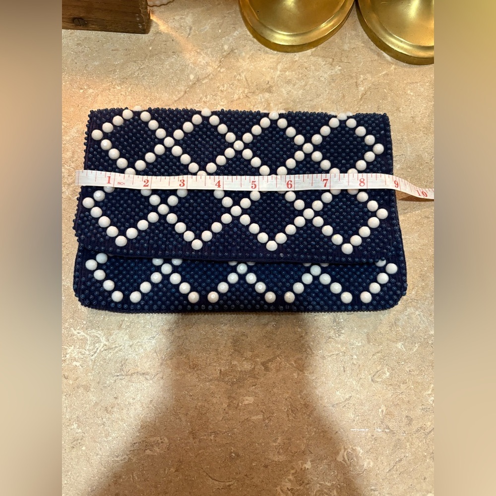Mr. Jonas Vintage Navy and White Beaded Clutch made in Hong Kong. - Picture 10 of 12